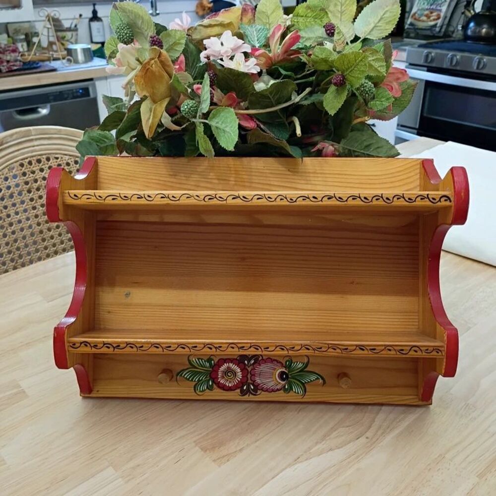Vintage 1990s Soviet Hand-Painted Folk Art Wooden Kitchen Shelf Spice Rack